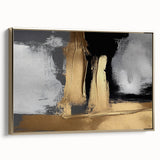 Framed canvas wall art showcasing an abstract design with striking gold strokes and lines, ideal for modern home decor, enhancing any living space with elegance.