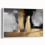 Framed canvas wall art showcasing an abstract design with dynamic strokes and lines in white and muted tones, perfect for modern home decor.