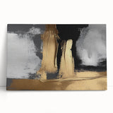 Abstract wall art design featuring vibrant strokes and lines in shades of blue, orange, and yellow, presented on a stretched canvas leaning against a white wall, ideal for modern decor.