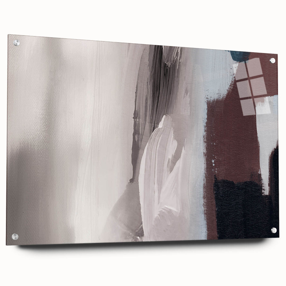 Abstract wall art featuring colorful strokes and lines, displayed in an acrylic frame with pins, showcasing a modern design suitable for contemporary decor.