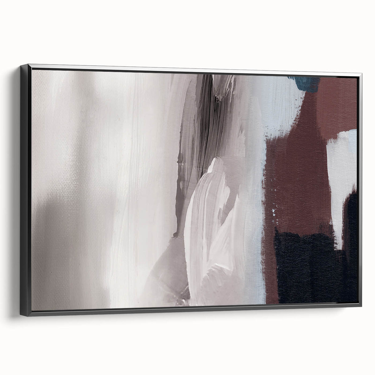 Framed canvas wall art showcasing an abstract design with bold black strokes and lines, adding modern elegance to home décor. Side view highlights the sleek frame and artistic texture, perfect for enhancing living spaces.