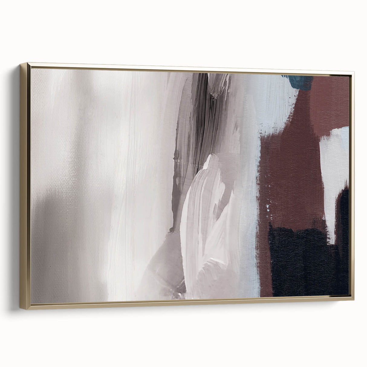 Framed wall art showcasing an abstract design with gold strokes and lines, perfect for modern decor. The piece offers a unique artistic touch to any space.