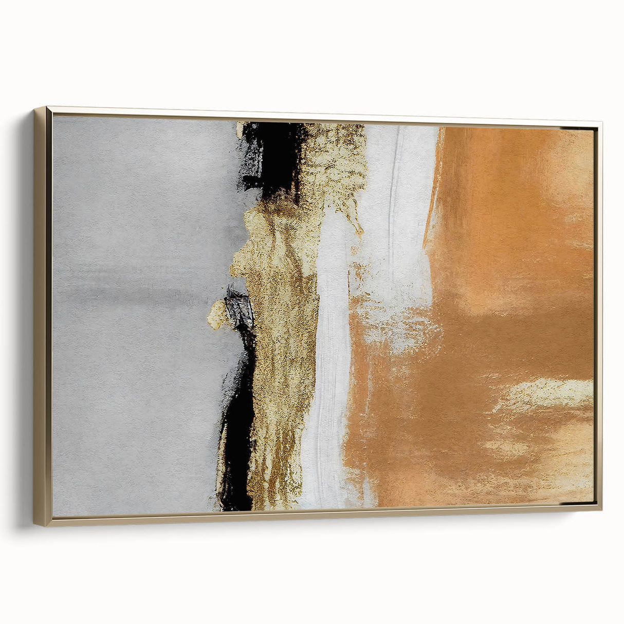Framed canvas wall art featuring an abstract design of gold strokes and lines, elegantly displayed in a modern setting, perfect for enhancing contemporary decor.