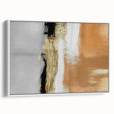 Framed white canvas wall art featuring an abstract design of colorful strokes and lines, adding a modern touch to home decor with a sleek side view presentation.