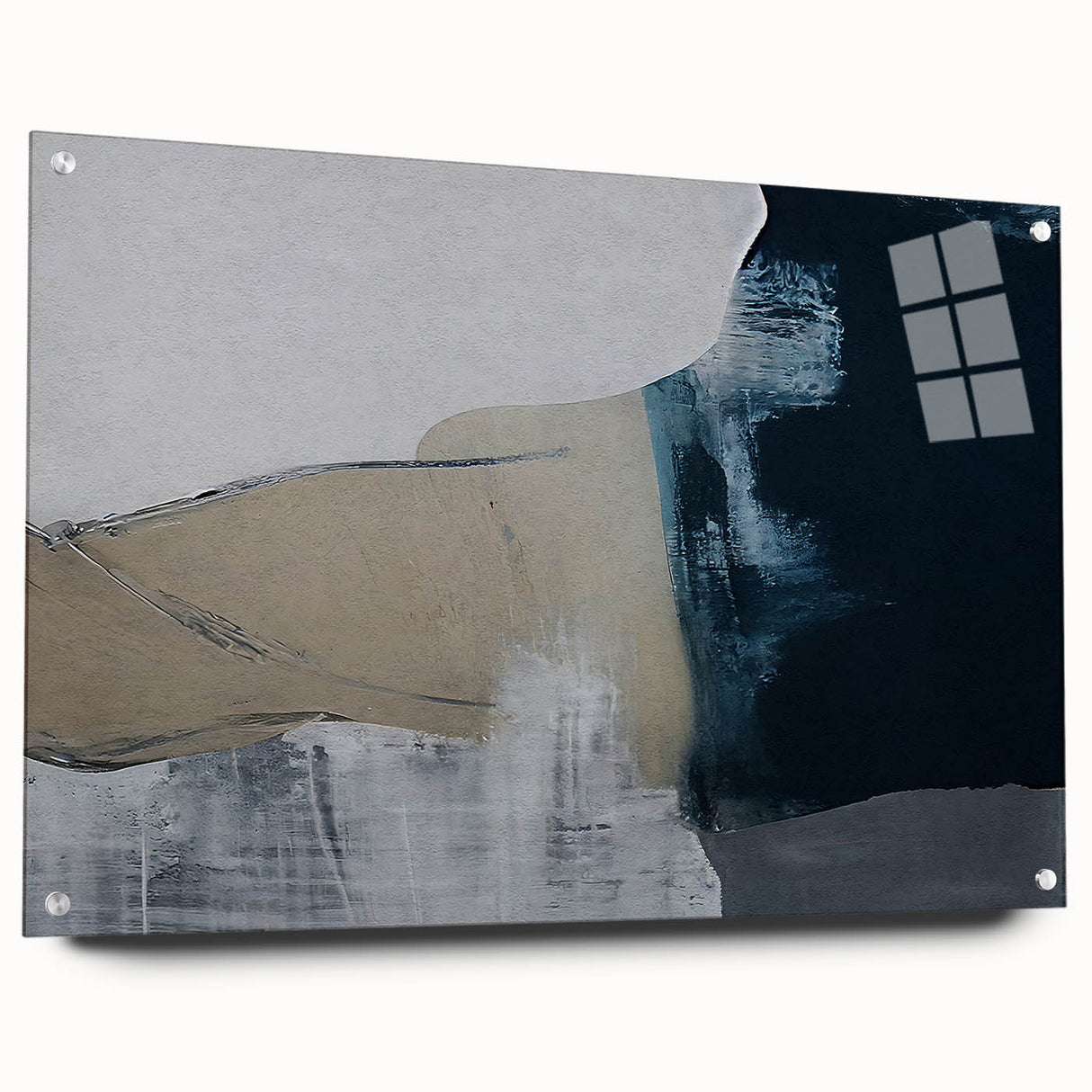Acrylic glass wall art showcasing an abstract design of colorful strokes and lines, displayed from a side view with mounting pins for easy installation. Perfect for modern home decor.