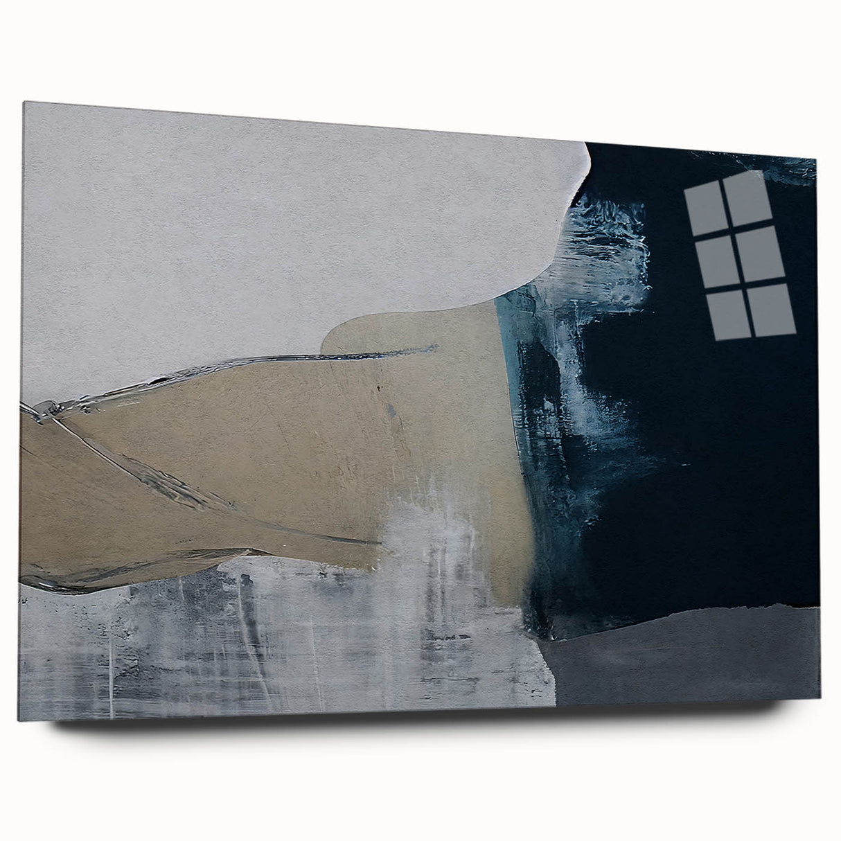 Abstract wall art featuring colorful strokes and lines on acrylic glass, showcasing a modern design with a sleek side view, perfect for contemporary decor.