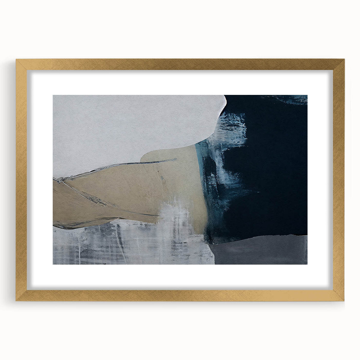 Abstract strokes and lines design in a gold frame with matting, showcasing modern wall art aesthetics. Ideal for contemporary home decor, enhancing interior spaces.