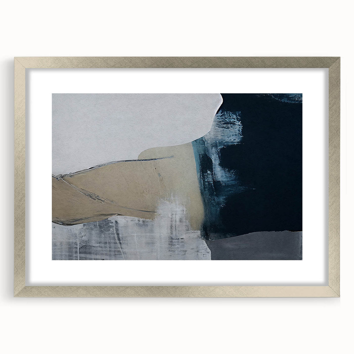 Abstract wall art featuring dynamic strokes and lines in a modern design, framed with a sleek silver mat, perfect for contemporary home decor.