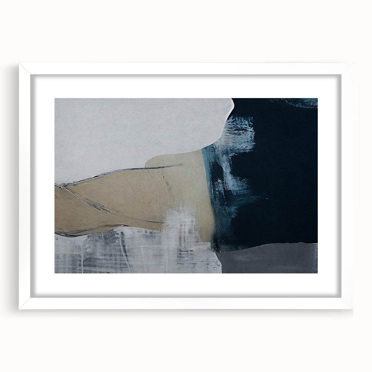 Abstract wall art featuring a design of colorful strokes and lines in a white frame with a mat, ideal for modern home decor and interior design.