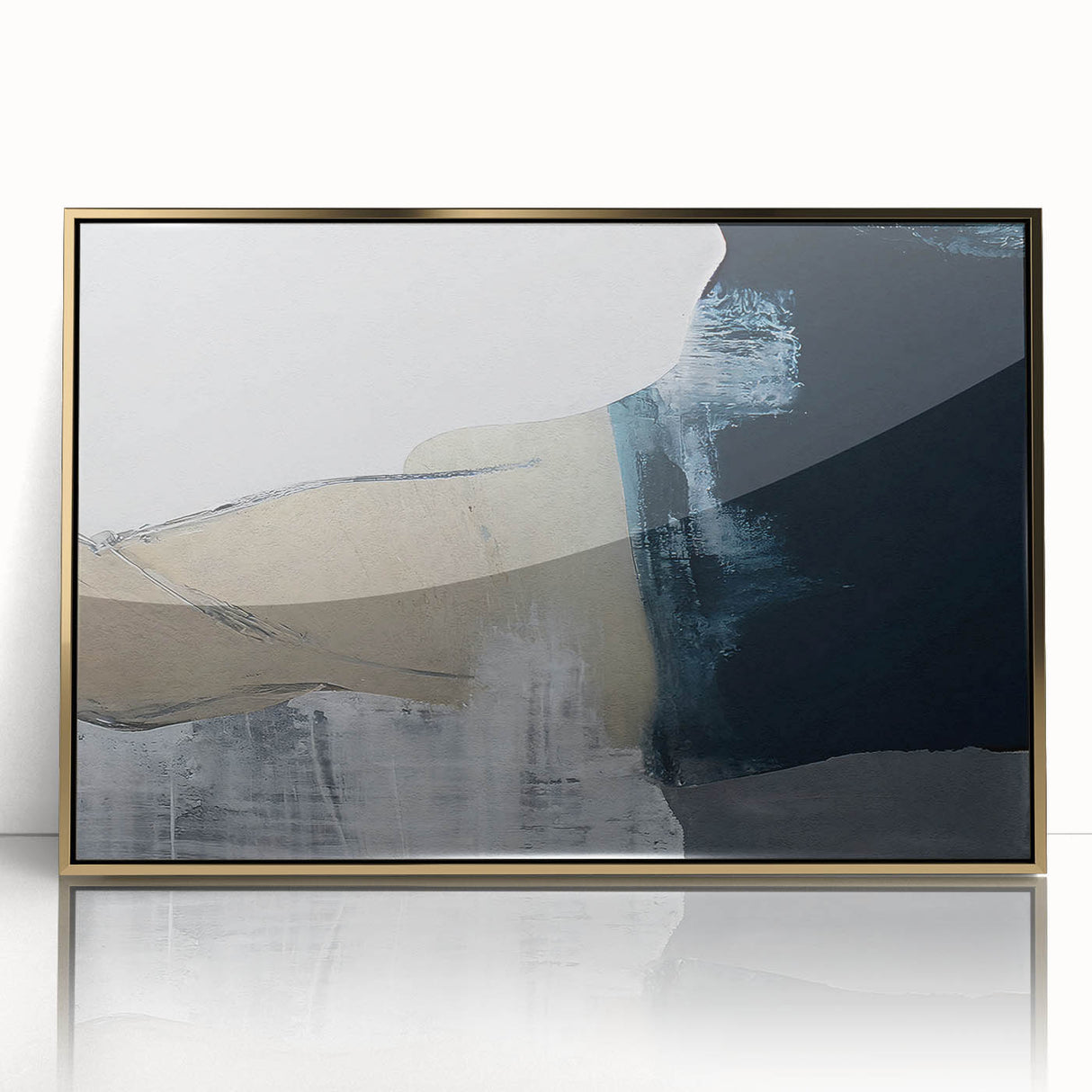 Framed wall art featuring an abstract design of colorful strokes and lines in gold and black, adding a modern touch to any decor. Perfect for contemporary interiors.