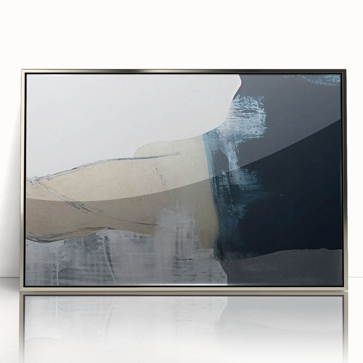 Framed wall art featuring an abstract design of silver strokes and lines against a white background, adding a modern touch to home decor.