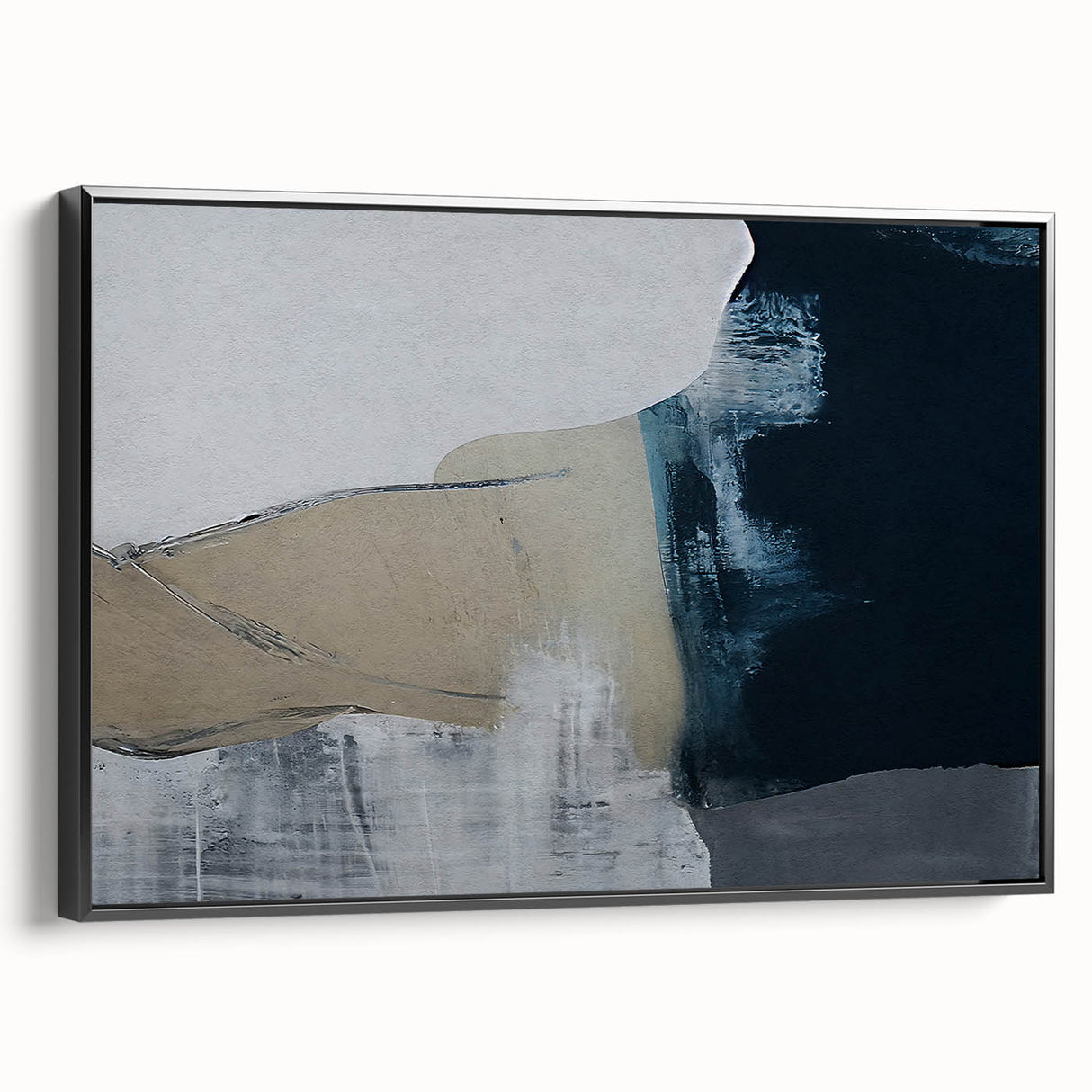 Framed abstract wall art featuring dynamic strokes and lines in black, showcased from a side view against a neutral background, perfect for modern decor.