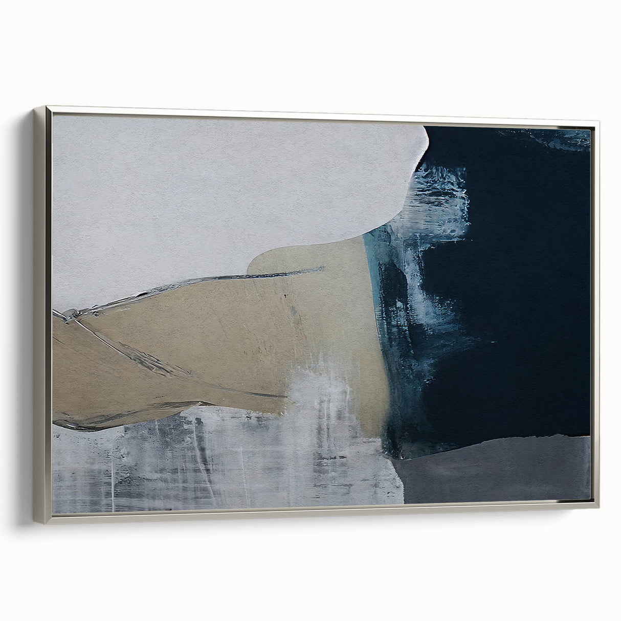 Framed canvas wall art showcasing an abstract design with bold strokes and lines in silver and gray tones, adding modern elegance to home decor.