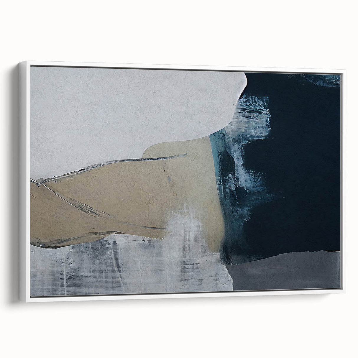 Framed canvas wall art showcasing an abstract design with colorful strokes and lines, set against a white background, perfect for modern home decor.