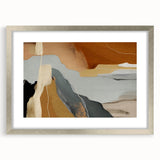 Abstract wall art featuring a modern design of colorful strokes and lines in a silver frame with matting, ideal for enhancing contemporary home decor.