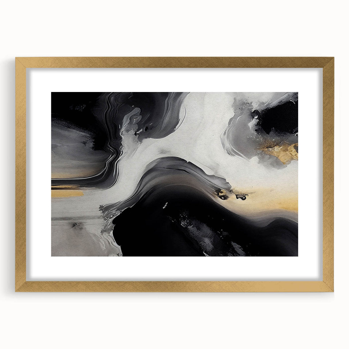Abstract wall art featuring dynamic strokes and lines in gold and neutral tones, elegantly framed with a mat, perfect for modern home decor.