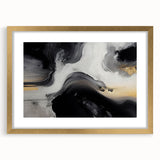 Abstract wall art featuring dynamic strokes and lines in gold and neutral tones, elegantly framed with a mat, perfect for modern home decor.