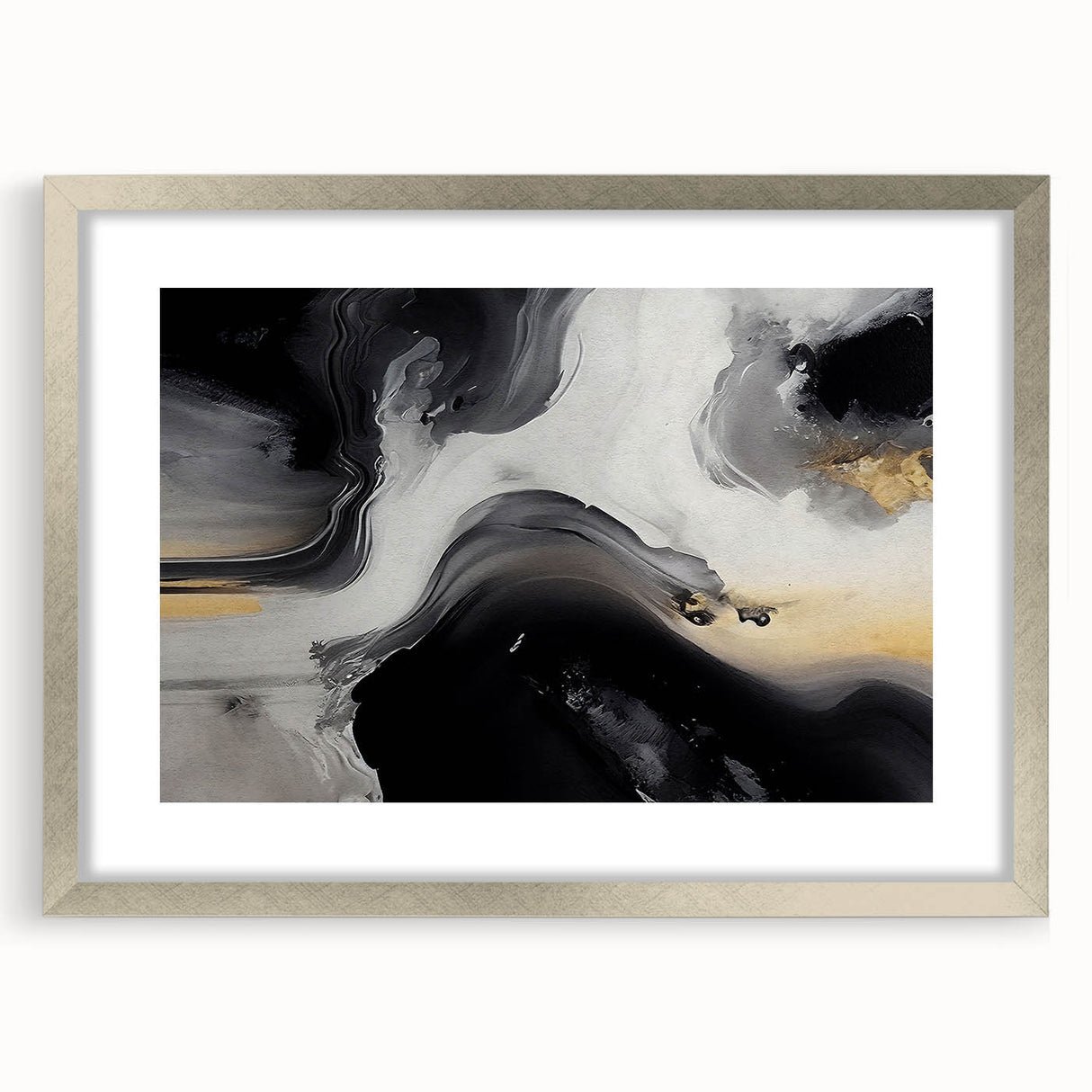 Abstract wall art featuring dynamic strokes and lines in a modern design, framed in silver with a mat, perfect for contemporary home decor.