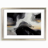 Abstract wall art featuring dynamic strokes and lines in a modern design, framed in silver with a mat, perfect for contemporary home decor.