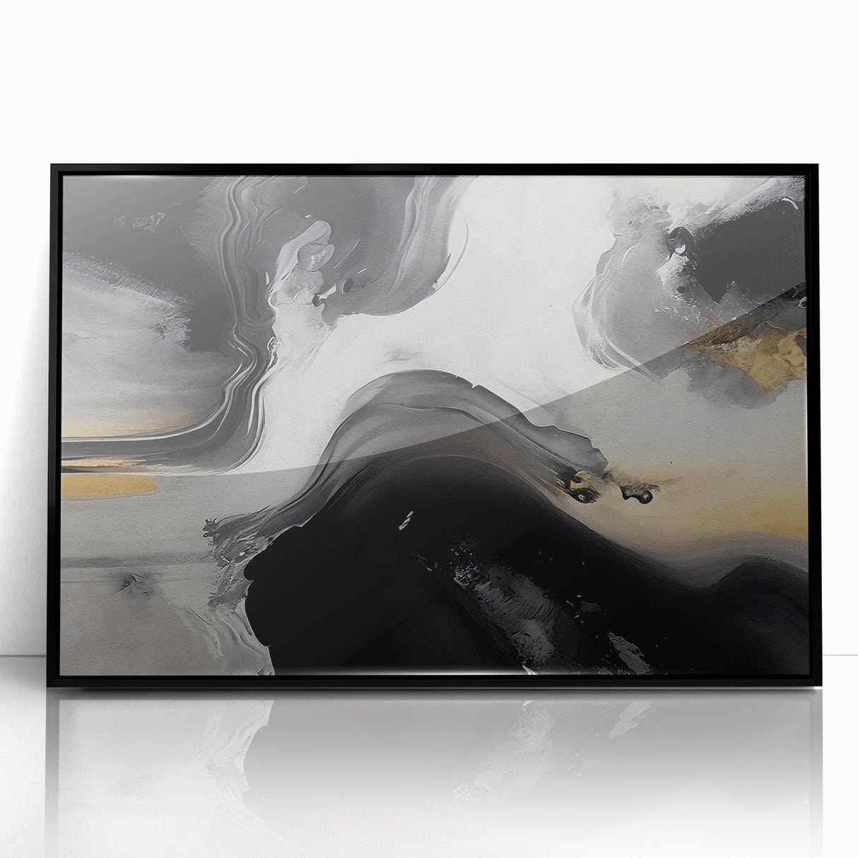 Framed wall art featuring an abstract design of colorful strokes and lines on a black background, perfect for modern home decor. Ideal for adding a contemporary touch to any space.