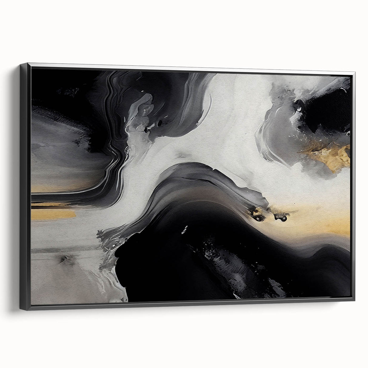 Framed canvas wall art showcasing a modern abstract design with dynamic strokes and lines in black, adding a sophisticated touch to contemporary decor. Ideal for living rooms or offices.