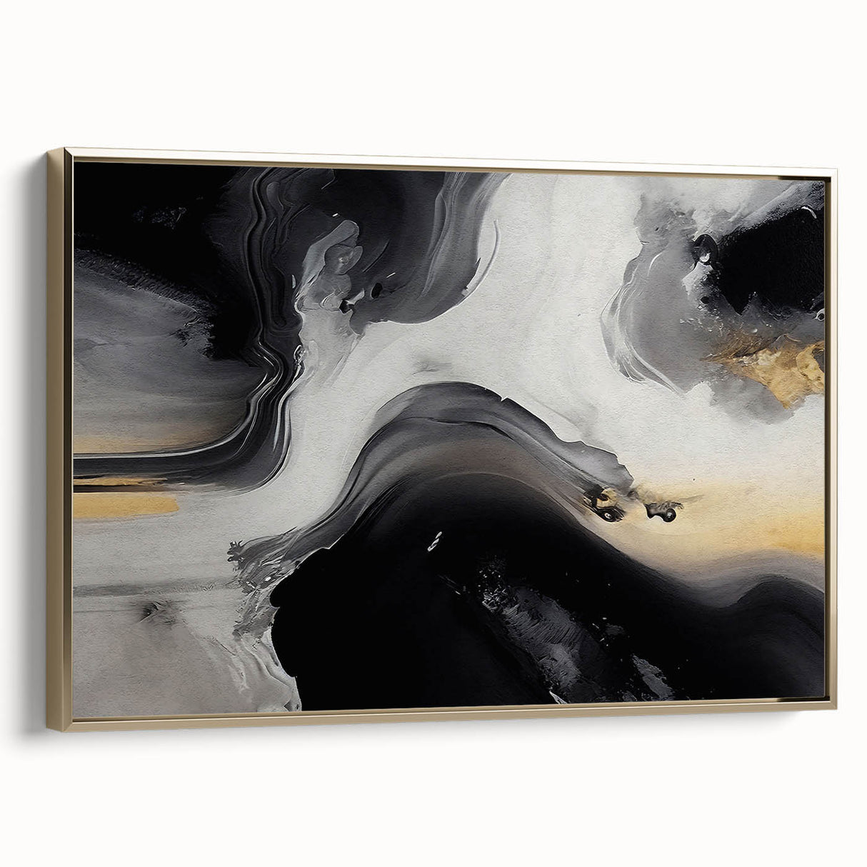 Abstract strokes and lines design in gold hues showcased on a framed canvas, highlighting modern wall art aesthetics. Ideal for contemporary home decor and art enthusiasts.