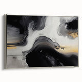 Framed wall art showcasing an abstract design with silver strokes and lines, elegantly displayed in a modern setting, ideal for contemporary decor.
