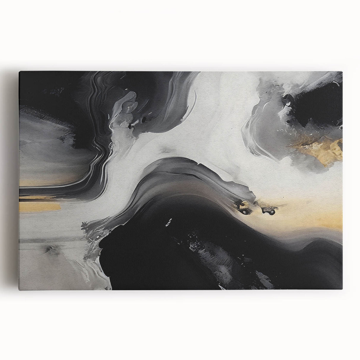 Abstract wall art design featuring vibrant strokes and lines in shades of blue, orange, and gold, printed on stretched canvas for modern home decor.