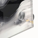 Close-up of an abstract wall art design showcasing vibrant strokes and lines in a blend of blue, orange, and gold hues, printed on acrylic glass for a modern aesthetic. Ideal for contemporary home decor, this piece adds a splash of color and elegance to any space.