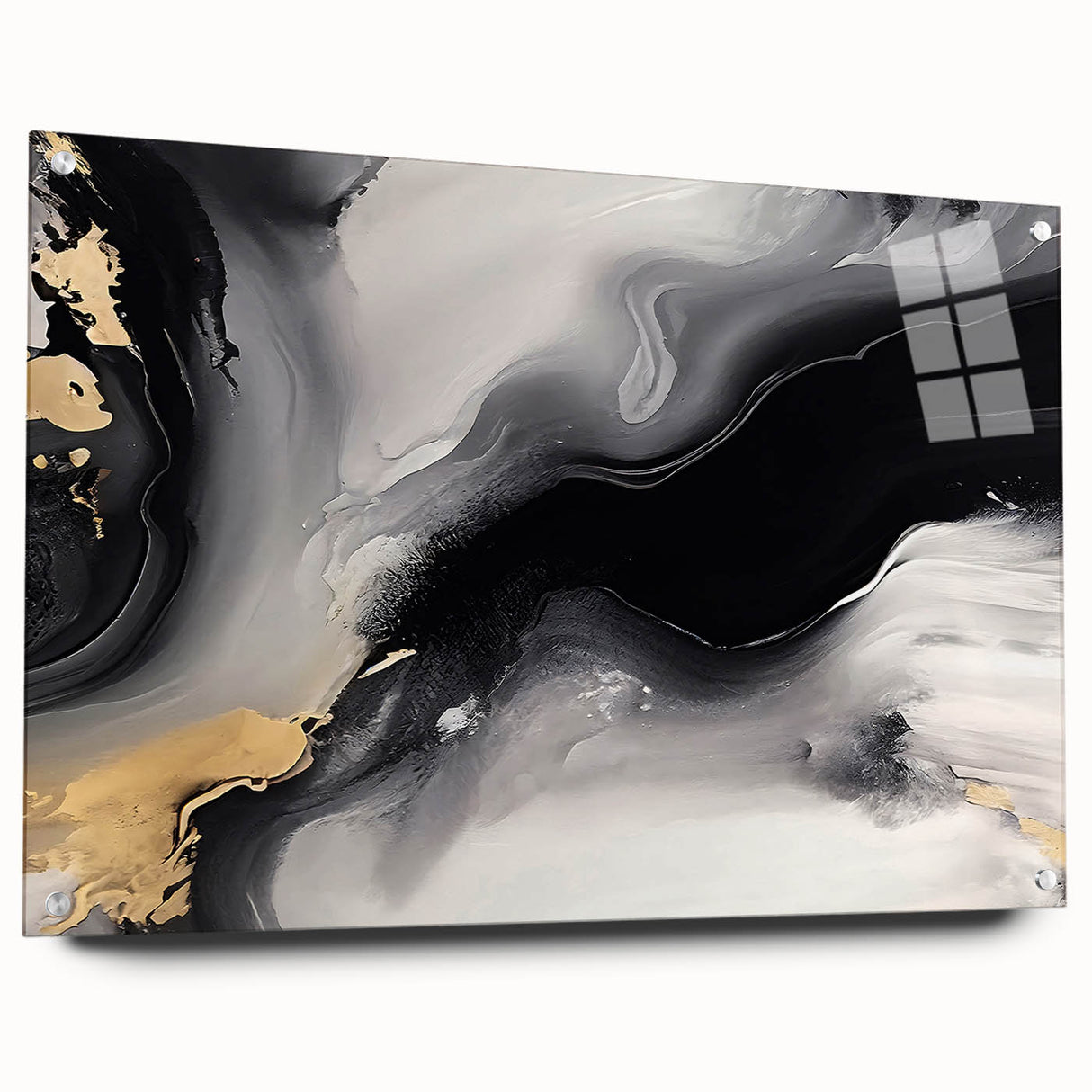 Abstract wall art featuring vibrant strokes and lines in a contemporary design, displayed in a sleek acrylic glass frame with mounting pins, adding a modern touch to any space.