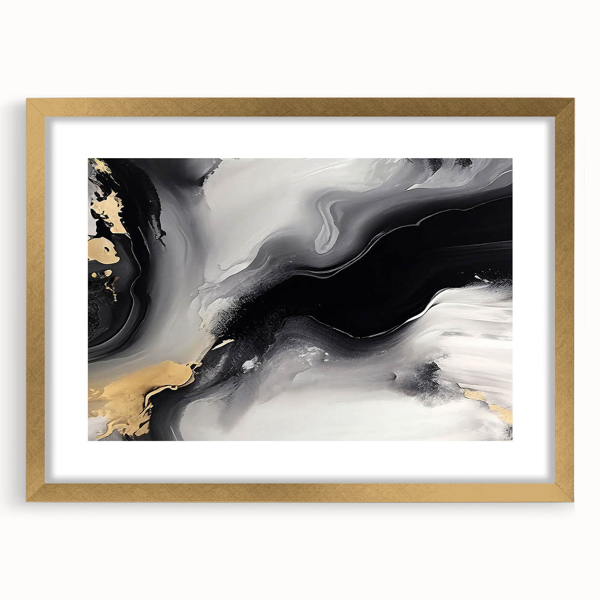 Abstract wall art featuring a modern design of colorful strokes and lines, framed in gold with a mat. Perfect for contemporary home decor or office spaces.