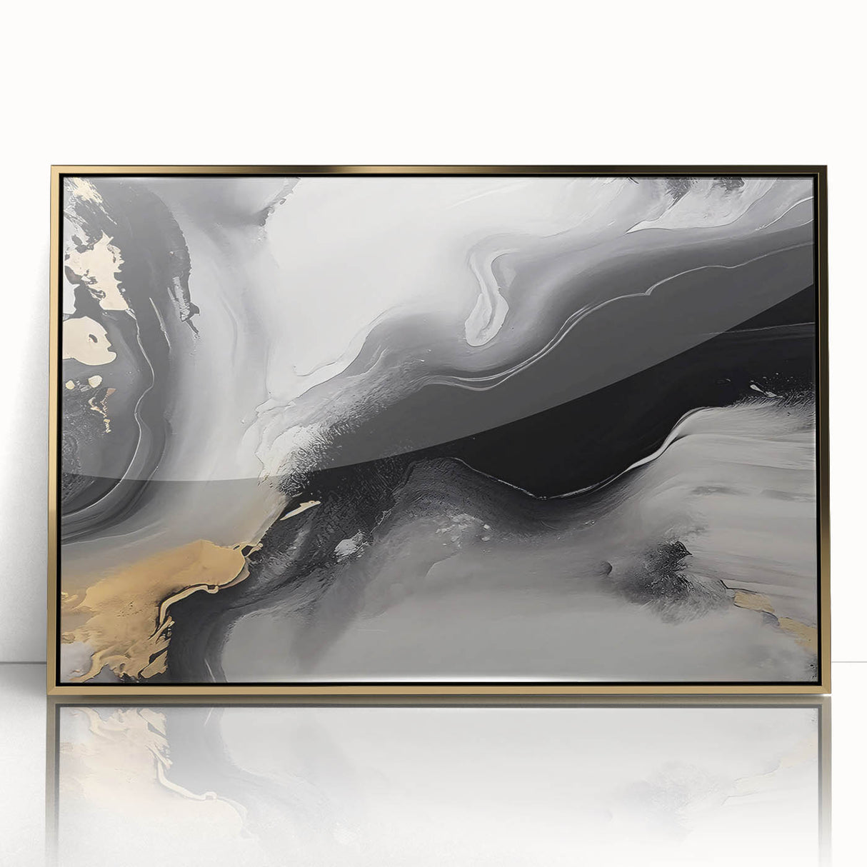 Framed wall art featuring an abstract design of colorful strokes and lines with a gold acrylic front, perfect for modern home decor. Ideal for enhancing contemporary interiors.