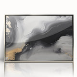 Framed abstract wall art featuring dynamic strokes and lines in silver and gray tones, showcasing a modern design that enhances contemporary decor.