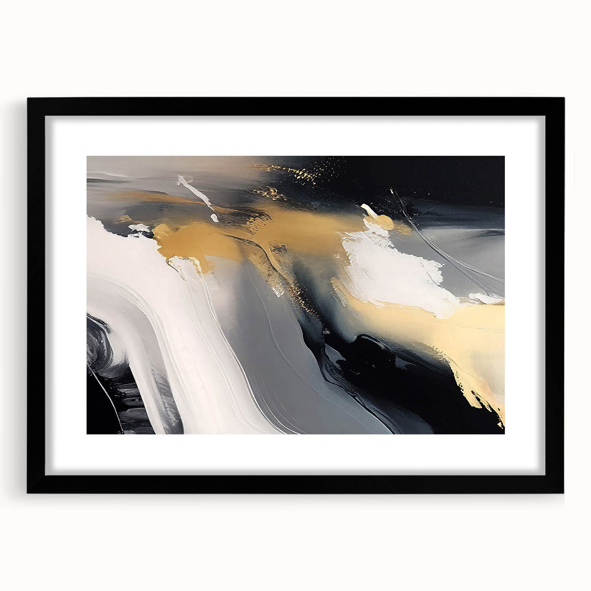 Abstract wall art featuring a modern design of colorful strokes and lines framed with a sleek black border, ideal for contemporary home decor.