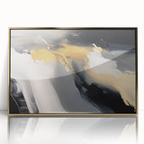 Framed acrylic wall art featuring an abstract design of gold strokes and lines, showcasing a contemporary aesthetic perfect for modern interiors.