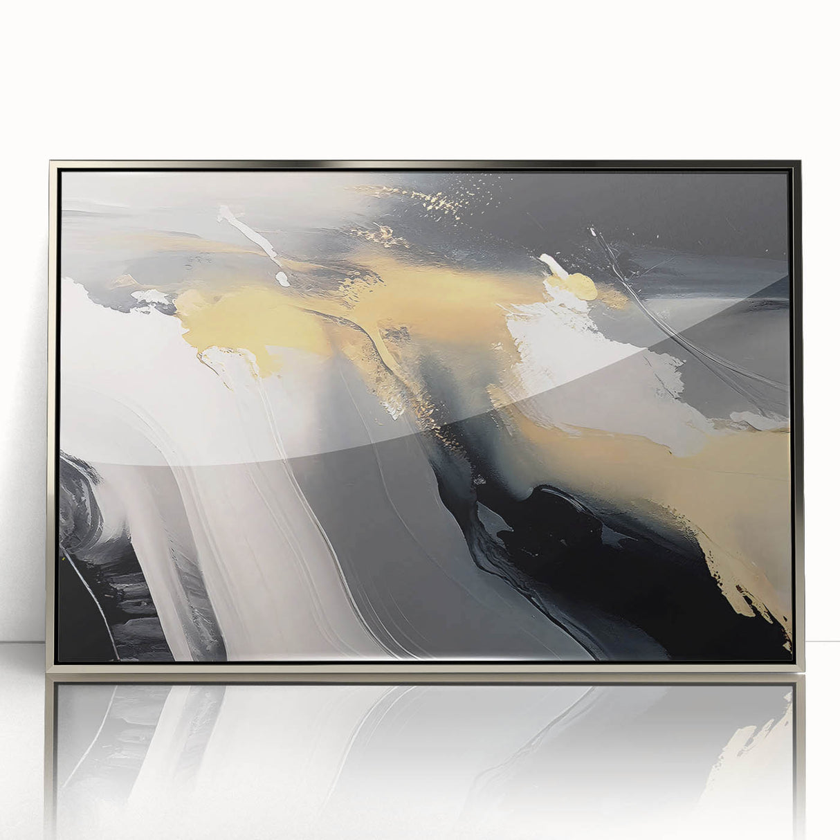 Framed wall art showcasing an abstract design with silver strokes and lines, perfect for modern decor, adding elegance and sophistication to any space.