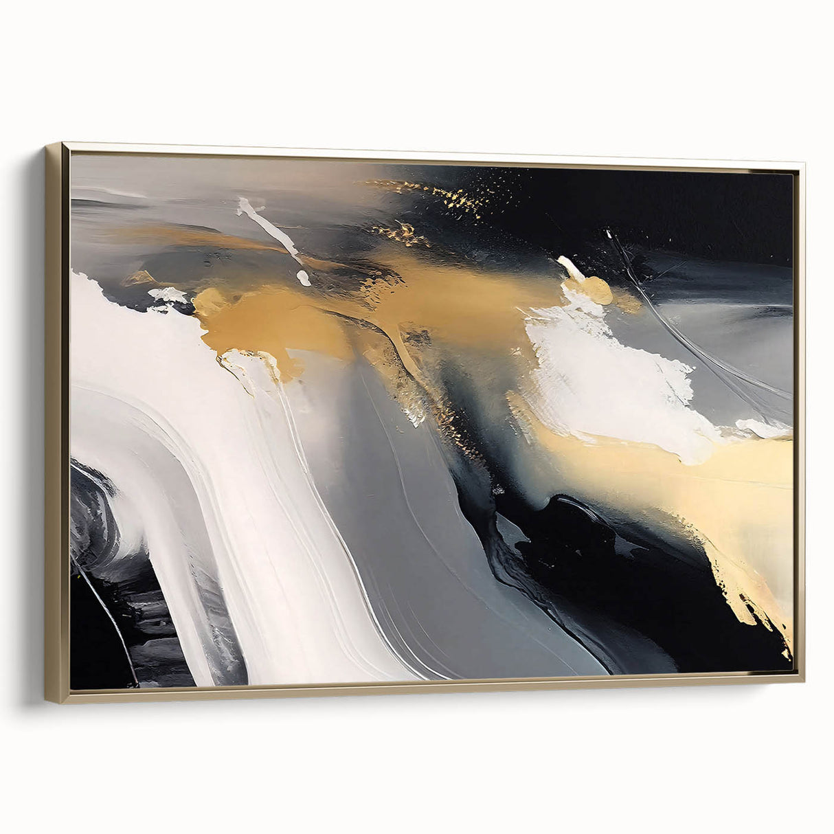 Framed canvas wall art showcasing an abstract design of gold strokes and lines, perfect for modern decor. This elegant piece adds a touch of sophistication to any room with its sleek side view and contemporary aesthetic.