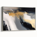 Framed canvas wall art showcasing an abstract design with intricate strokes and lines in silver tones, ideal for modern home decor or office spaces.