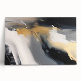 Abstract wall art featuring vibrant strokes and lines in shades of blue, orange, and red on a stretched canvas, leaning against a neutral wall, adding a modern touch to interior decor.