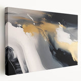 Stretched canvas wall art showcasing an abstract design of vibrant strokes and lines in shades of blue, red, and gold, perfect for modern home decor.