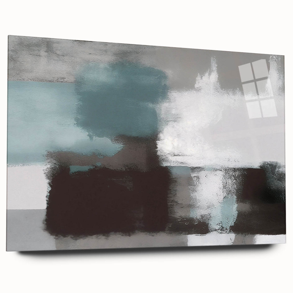 Abstract wall art featuring vibrant strokes and lines in a modern design, showcasing a side view of the acrylic glass frame without pins, perfect for contemporary decor.