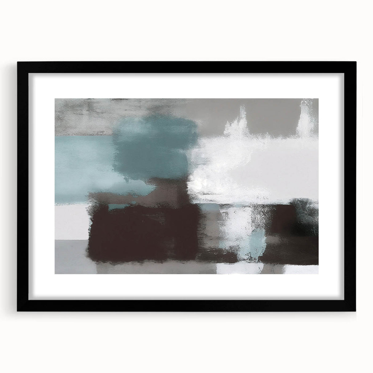Abstract wall art featuring dynamic strokes and lines in a blend of muted colors, framed with a black mat for a modern aesthetic, ideal for contemporary decor.