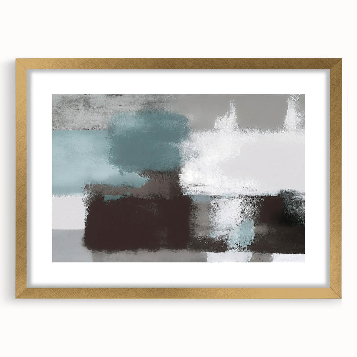 Abstract wall art design featuring elegant strokes and lines in muted colors, framed with a gold mat, adding a sophisticated touch to modern interiors. This piece enhances any space with its contemporary aesthetic and artistic flair.