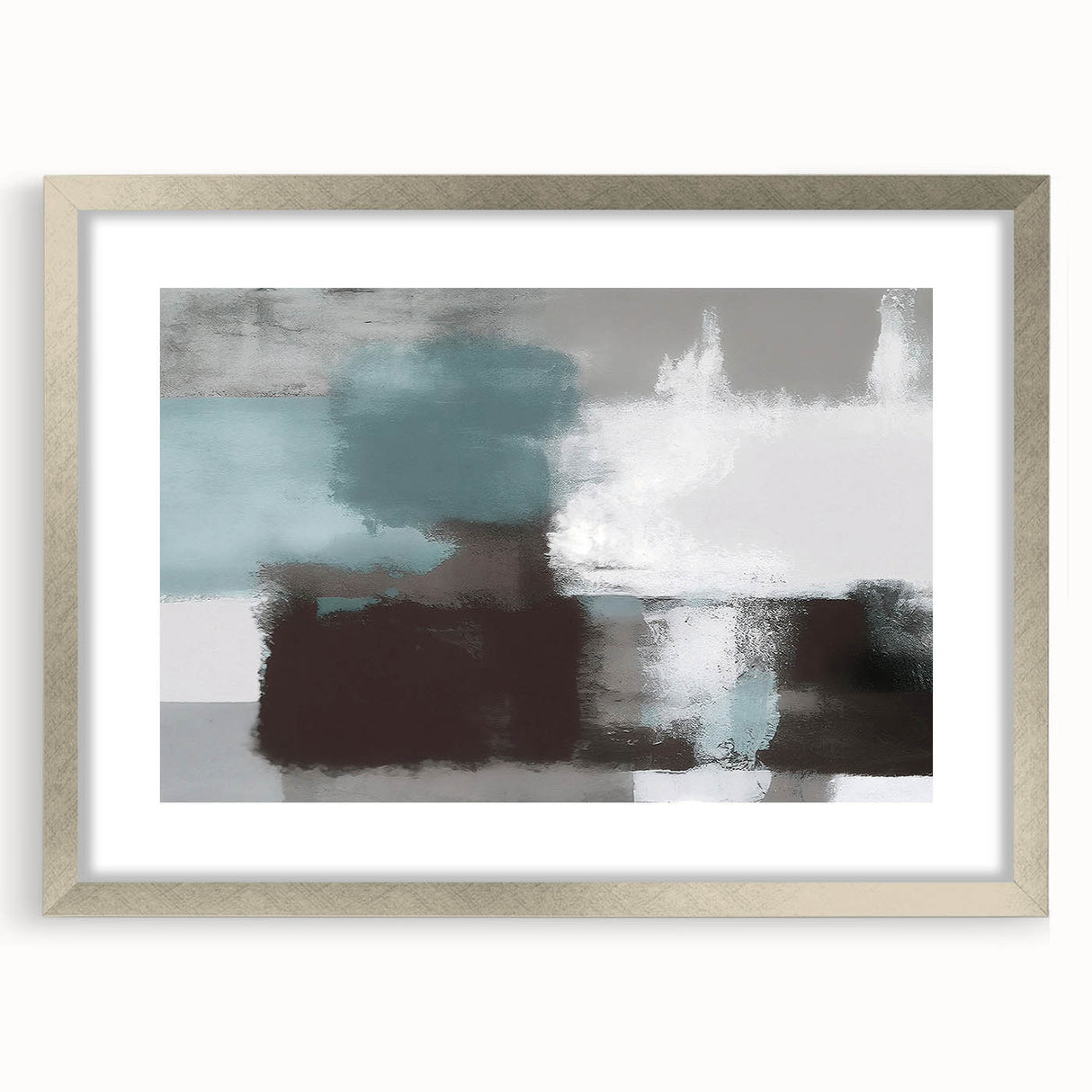 Abstract wall art featuring bold strokes and lines in a contemporary design, framed with a silver mat, ideal for modern home decor. The piece showcases a harmonious blend of colors that adds a touch of elegance to any space.
