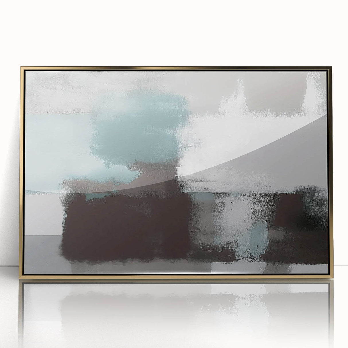 Framed wall art featuring an abstract design of strokes and lines in gold and white, perfect for modern decor, showcasing elegance and sophistication.