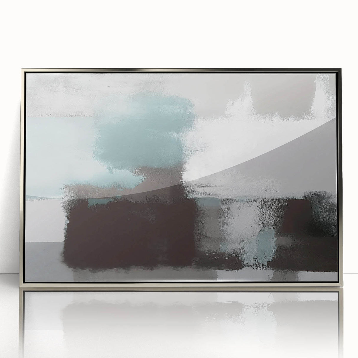 Framed wall art showcasing an abstract design of silver strokes and lines on a white background, ideal for modern home decor or contemporary art collections.