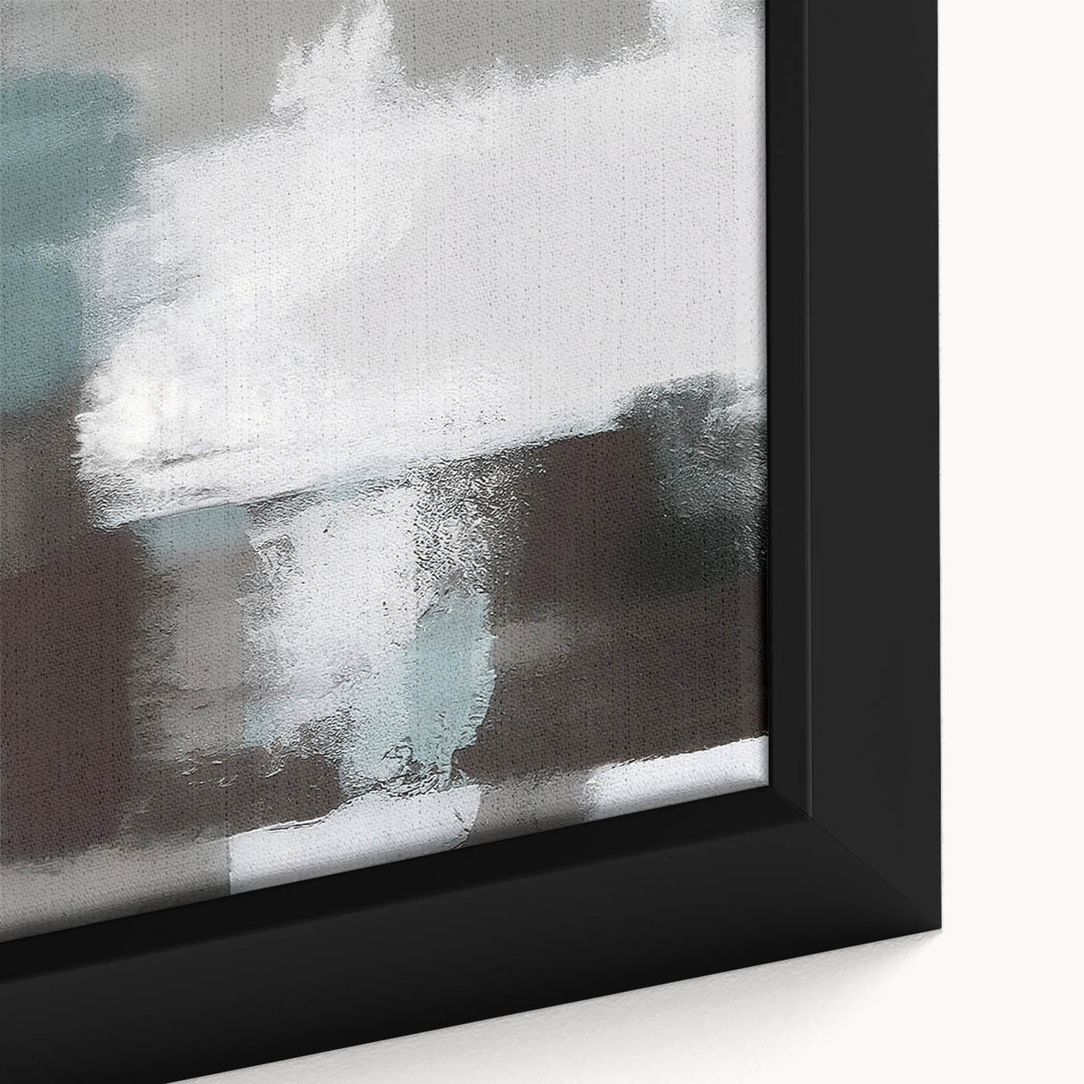 Close-up of a modern abstract wall art piece featuring vibrant strokes and lines in shades of blue, orange, and gold, presented in a sleek wooden frame, enhancing contemporary decor.
