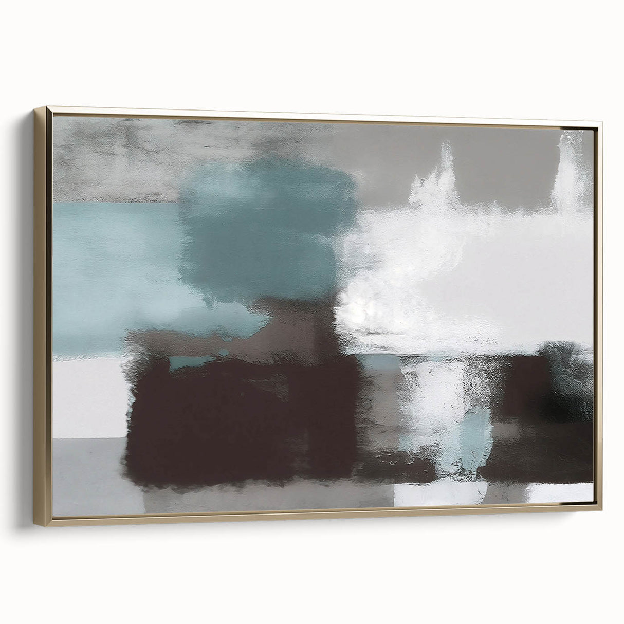 Framed canvas art displaying a modern abstract design with gold strokes and lines, ideal for contemporary home decor. Side view highlights frame details.