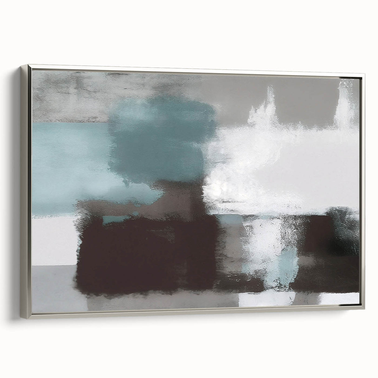 Framed canvas wall art featuring an abstract design of strokes and lines in silver tones, showcasing a modern aesthetic. Ideal for contemporary home decor.