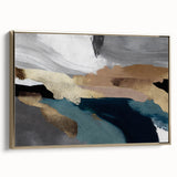 Framed canvas wall art featuring an abstract design with strokes and lines in gold and black hues, showcasing a modern aesthetic from a side view perspective.